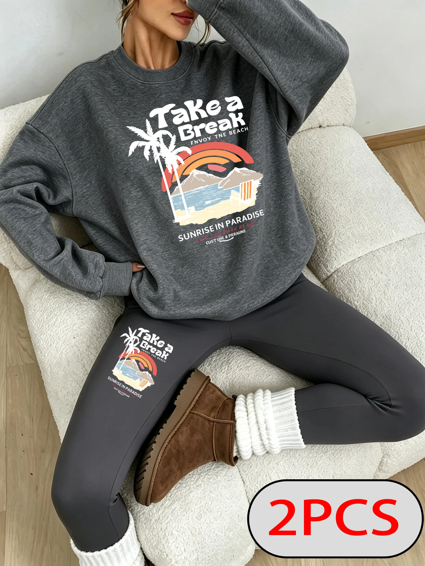 Take A Break Beach Mountain Coconut Tree Pattern Sweatshirt Set Women Autumn Thicken Leggings Y2K Pants Fleece Crewneck Pullover