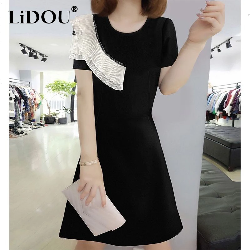 

Summer Solid Color Patchwork Elegant Fashion Chic Dress Women Short Sleeve Black Aesthetic Casual Kawaii Sexy Vestidos De Fiesta