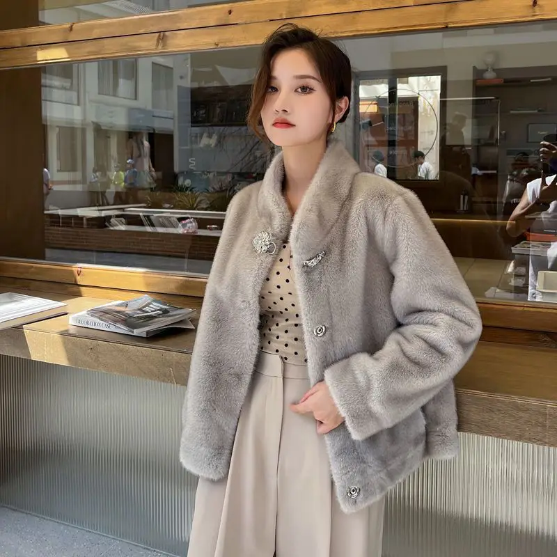 

Women Elegant Imitation Mink Coat Short Stand-up Collar Loose Slimming Casual Jacket Plush Long Sleeve Front Button Chic Coats