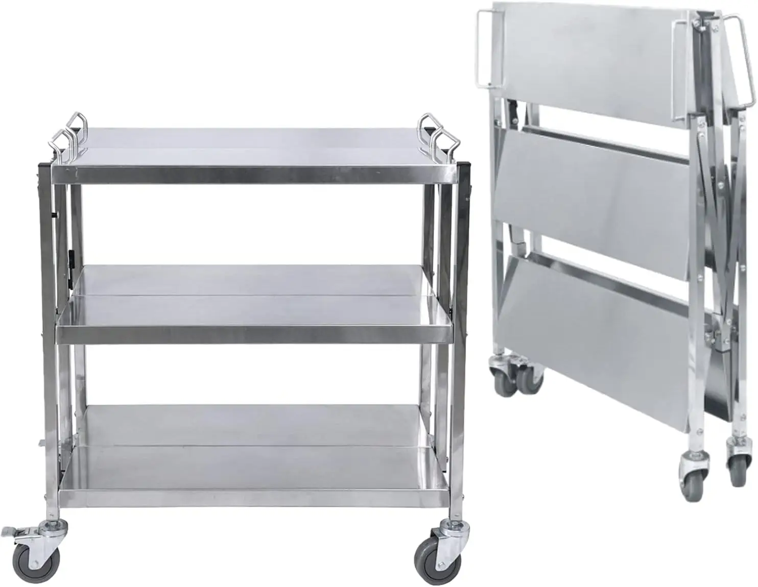 Stainless Steel Folding Utility Cart, Collapsible Serving Cart with Wheels, 300lbs Commercial Kitchen Trolley Cart for Restauran