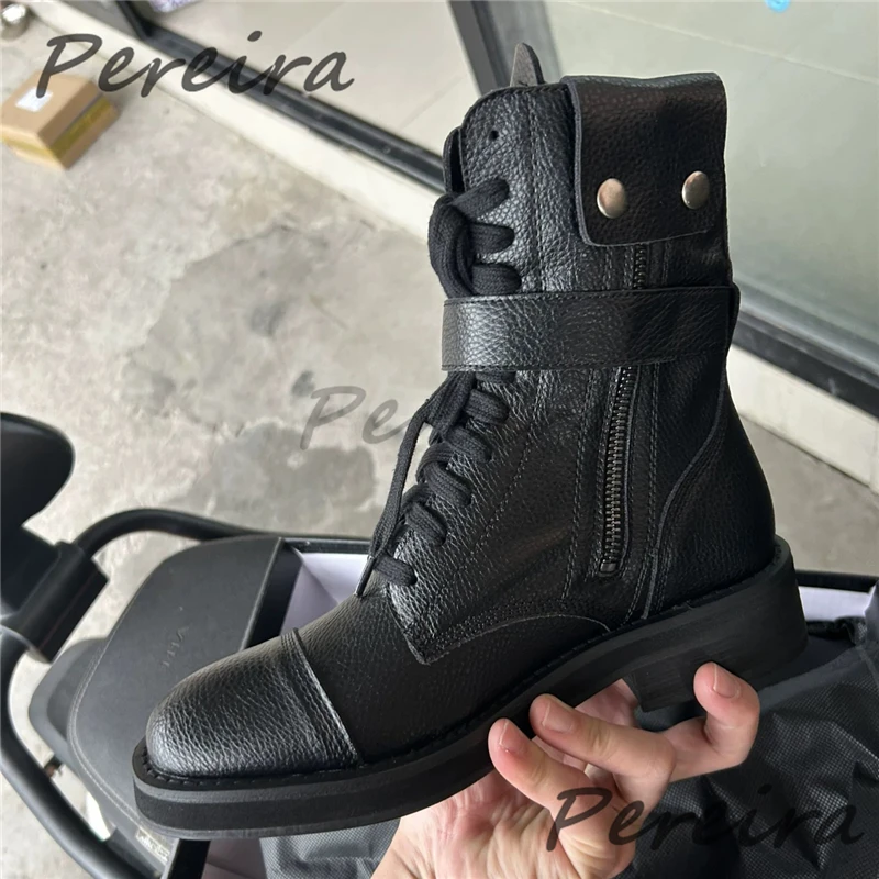 Retro Thick Soled Motorcycle Boots for Men Belt Buckle Side Zipper Round Toe High Top Boots Street Style Trendy Male Shoes