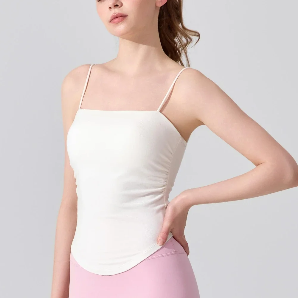MIML Women Slimming Pleat Yoga Top with Chest Pad Summer Fitness Tank Top Strap Running Shock Absorption Running Yoga Clothes