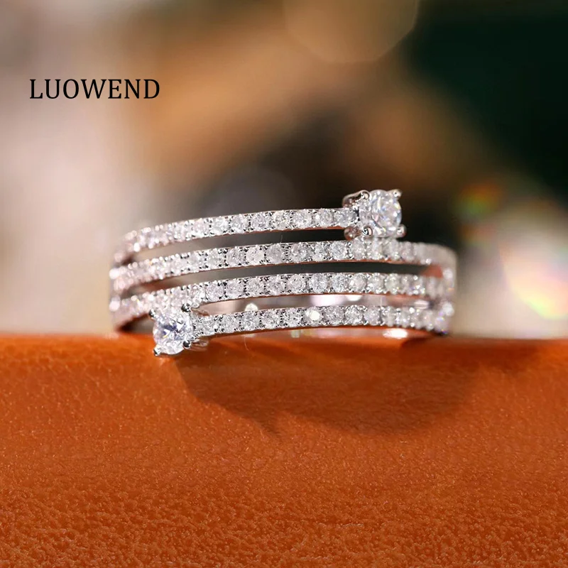 LUOWEND 18K White Gold Rings Shiny Creative Design INS Style 0.60carat Real Natural Diamond Ring for Women High Party Jewelry