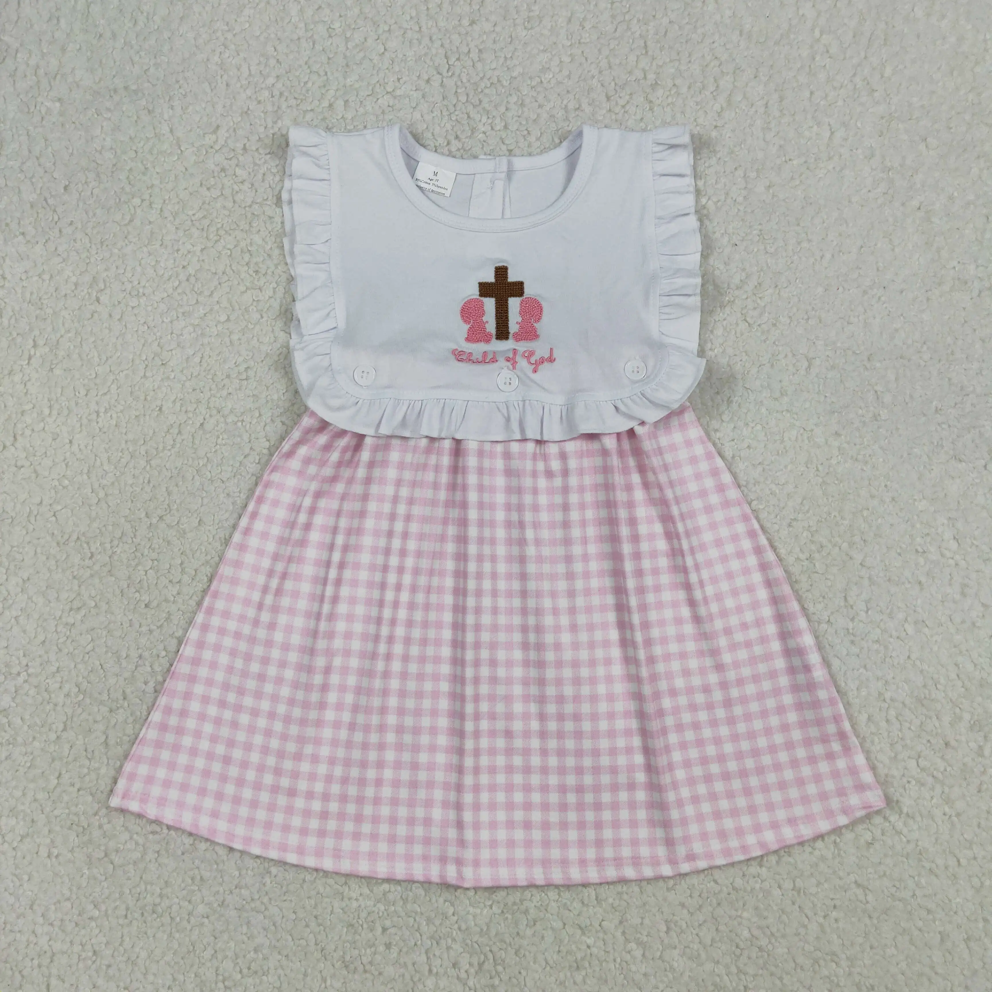 Wholesale Kids Children Short Sleeves Embroidery Cross Dress Baby Girl Plaid Dresses Infant Toddler Girls Ruffle Clothes