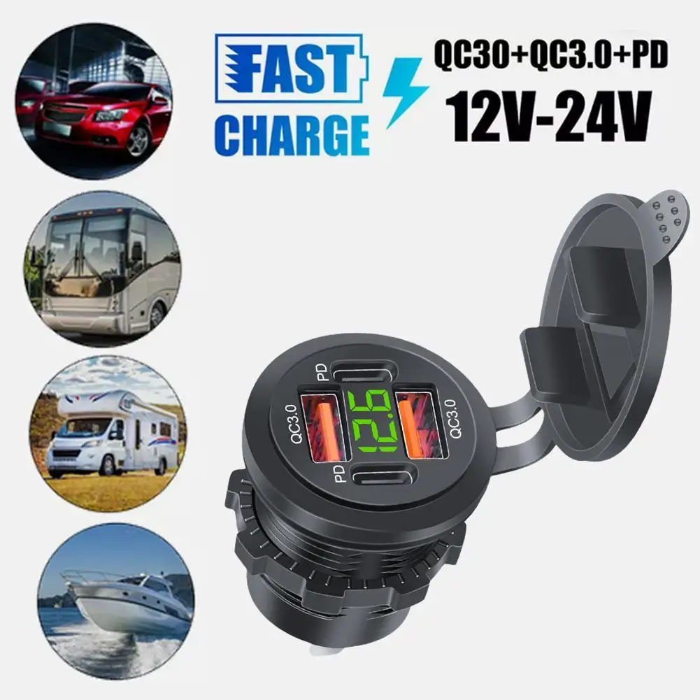 

NEW 96W Dual PD Dual QC 3.0 USB Car Charger With Voltmeter Socket Power Outlet Adapter Waterproof For 12V/24V Car Boat Hot Sale