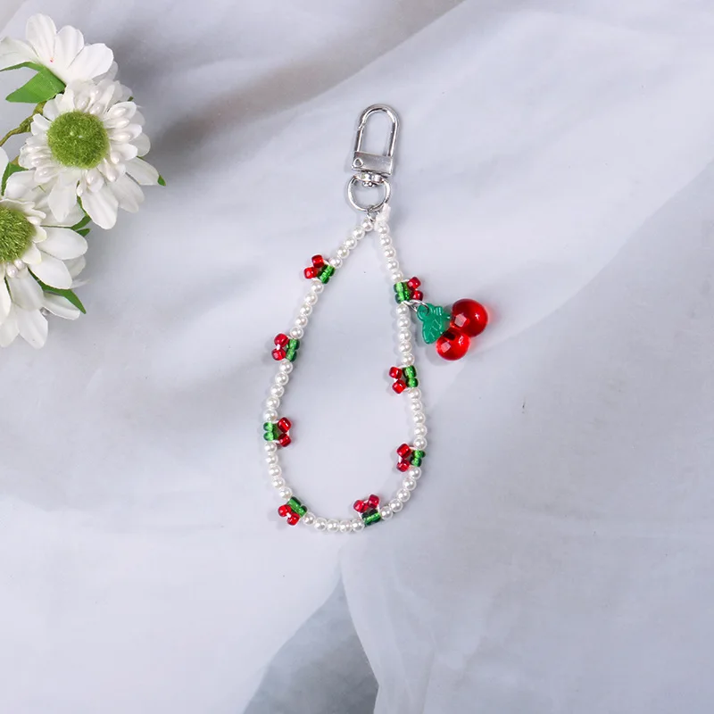 Cute Red Cherry Rice Beads Keychains Keyring For Women Gift New Simple Fruit Pendant Bag Car Key Airpods Box Phone Chain Jewelry