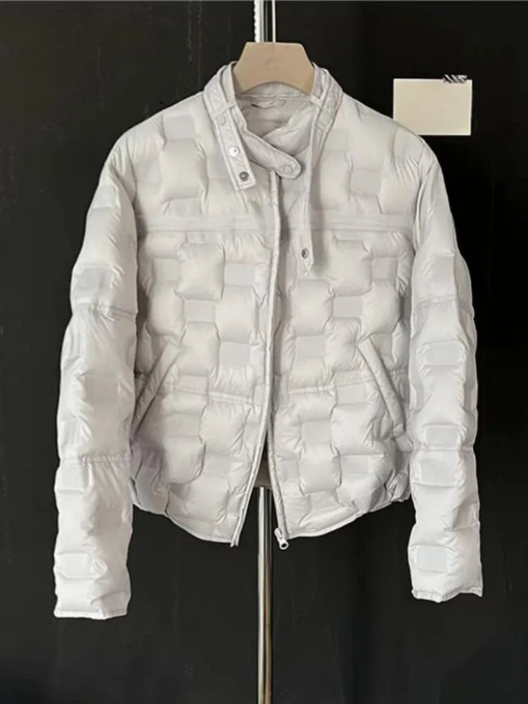 冬の女性用ホワイトダックダウンスタンドカラーダウン暖かいコートワイドウエストウィンドブレーカージャケットエレガントな女性用ショートスタイル軽量