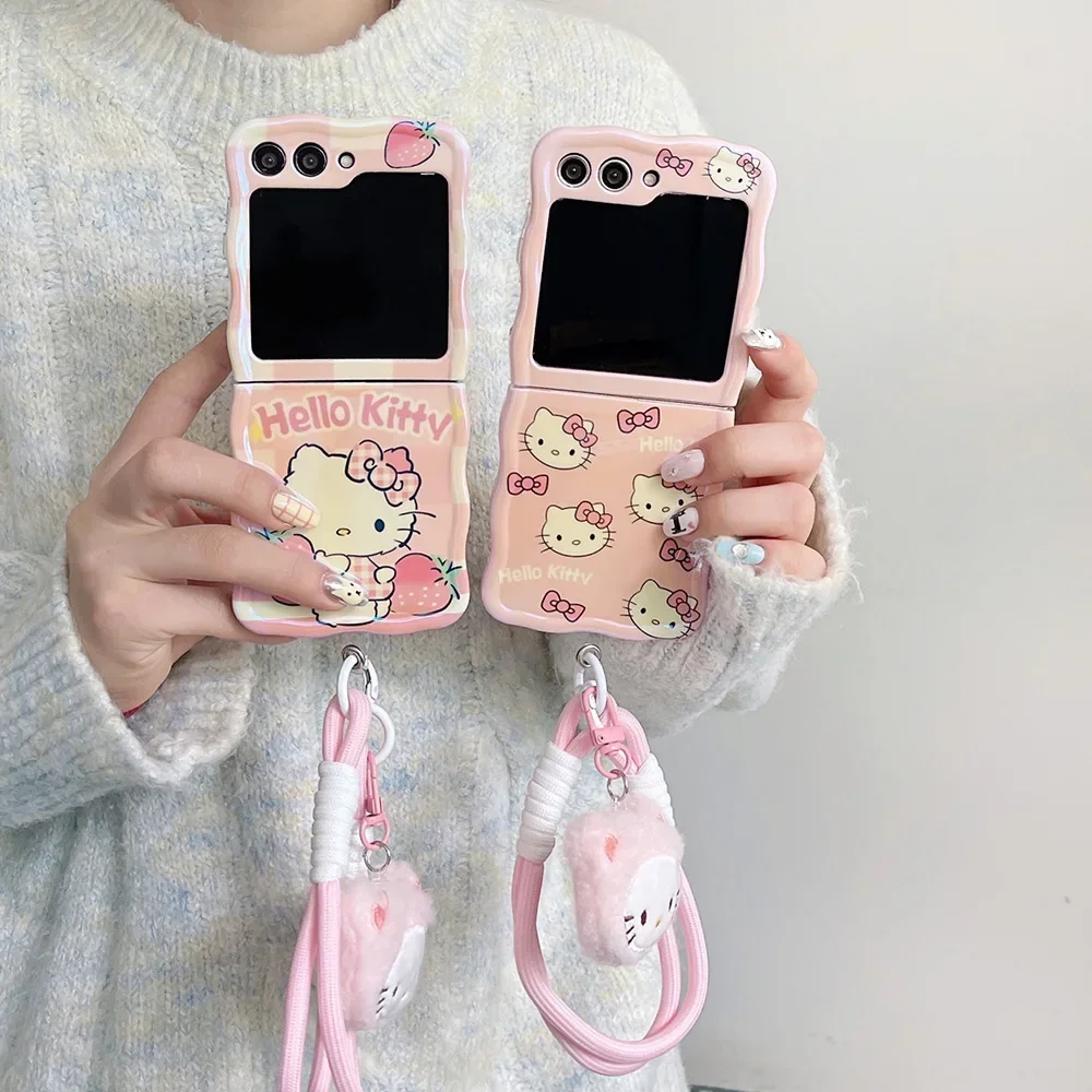 Cartoon Hellos Kitties with Lanyard Blu-ray Phone Case for Samsung Galaxy Z Flip 3 4 5 5G PC Hard Anti-drop Back Cover Funda