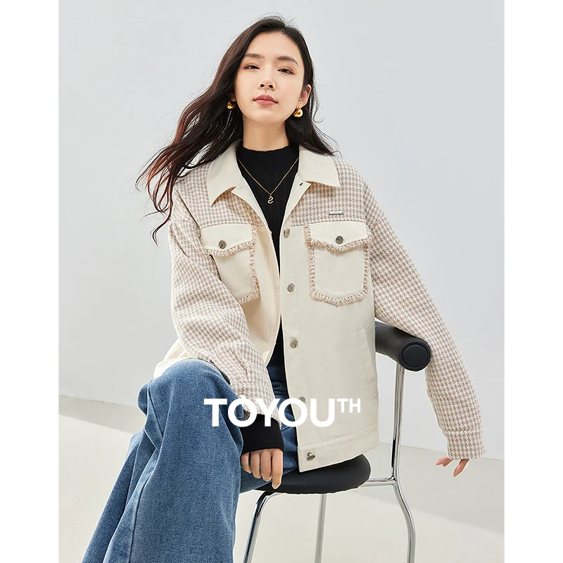 

Toyouth Women Denim Jacket 2023 Winter Long Sleeve Polo Neck Houndstooth Coat Fashion Casual Versatile Apricot Outwear Tops