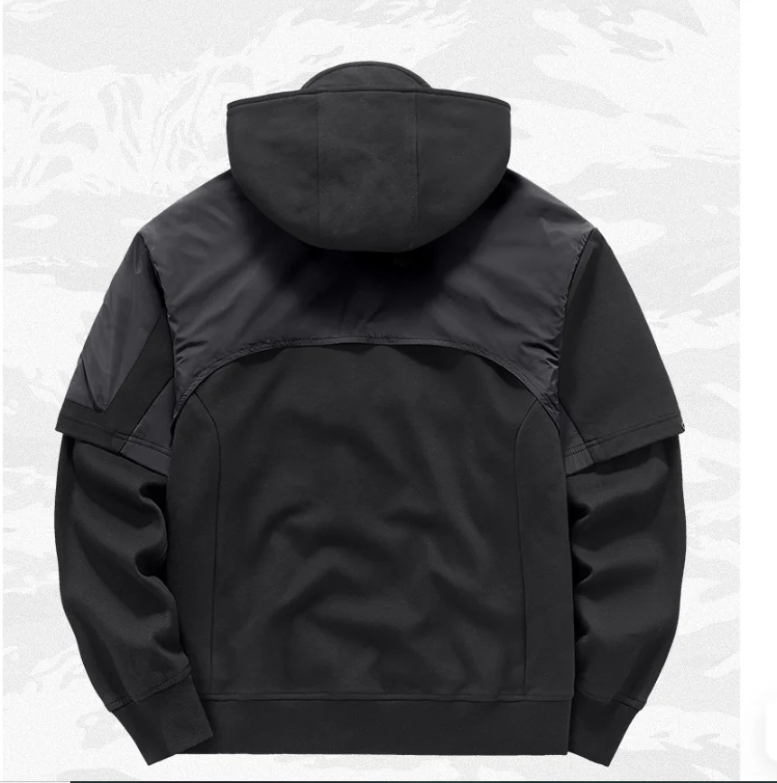 Moletom com capuz emendado de duas peças para férias de primavera e outono com jaqueta com design de nicho