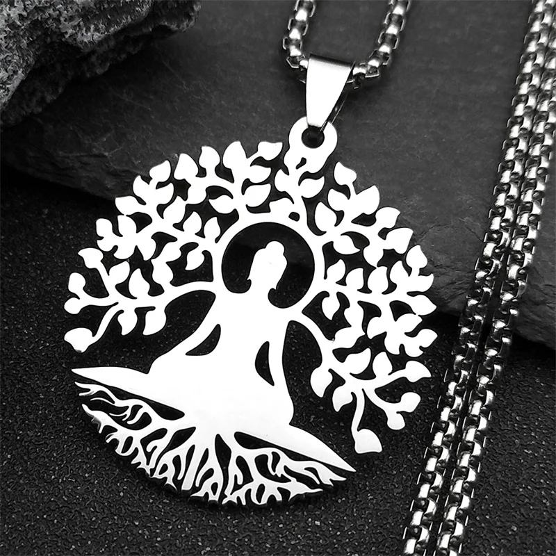 Buddhism Meditation Buddha Yoga Pendant Necklace Stainless Steel Tree of Life Buddhist Chakras Reiki Chain Jewelry collar