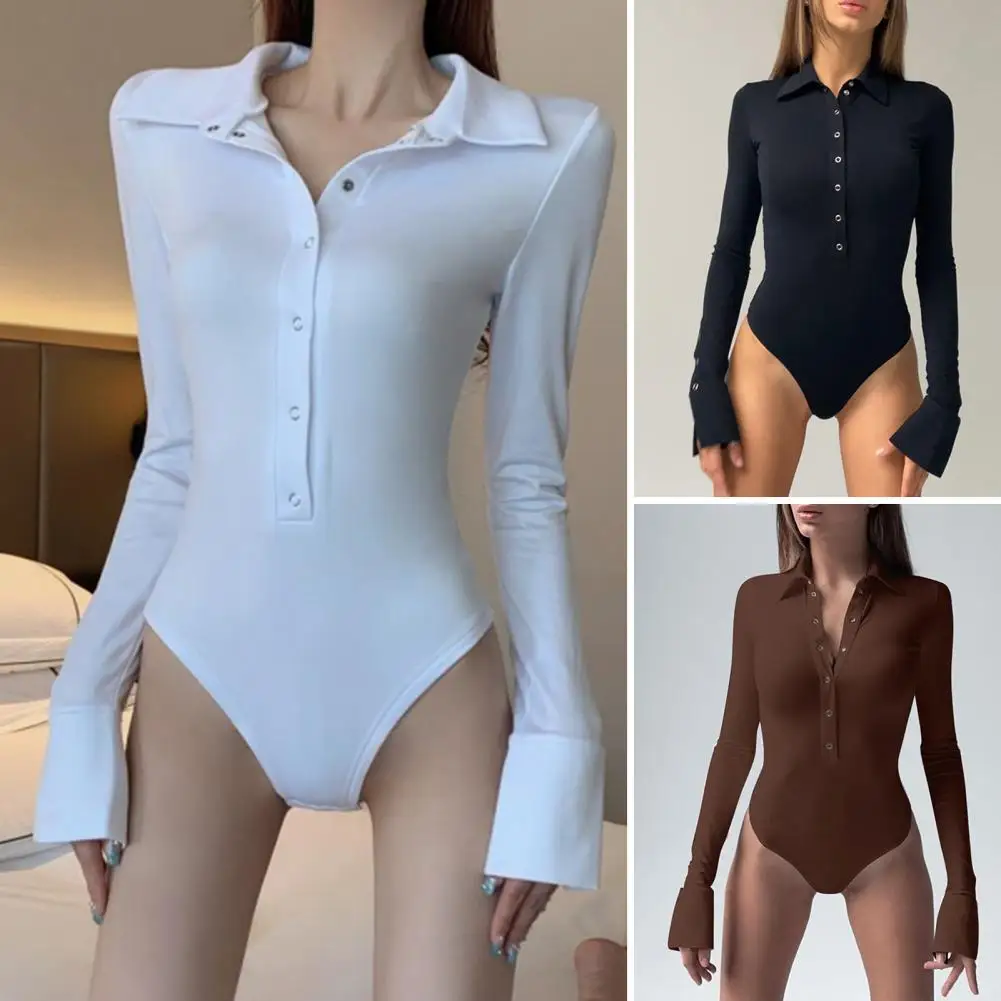 Bodysuit Met Revers En Lange Mouwen Bodysuit Voor Dames Met Lange Mouwen En Sluiting Met Knoopsluiting Voor Casual