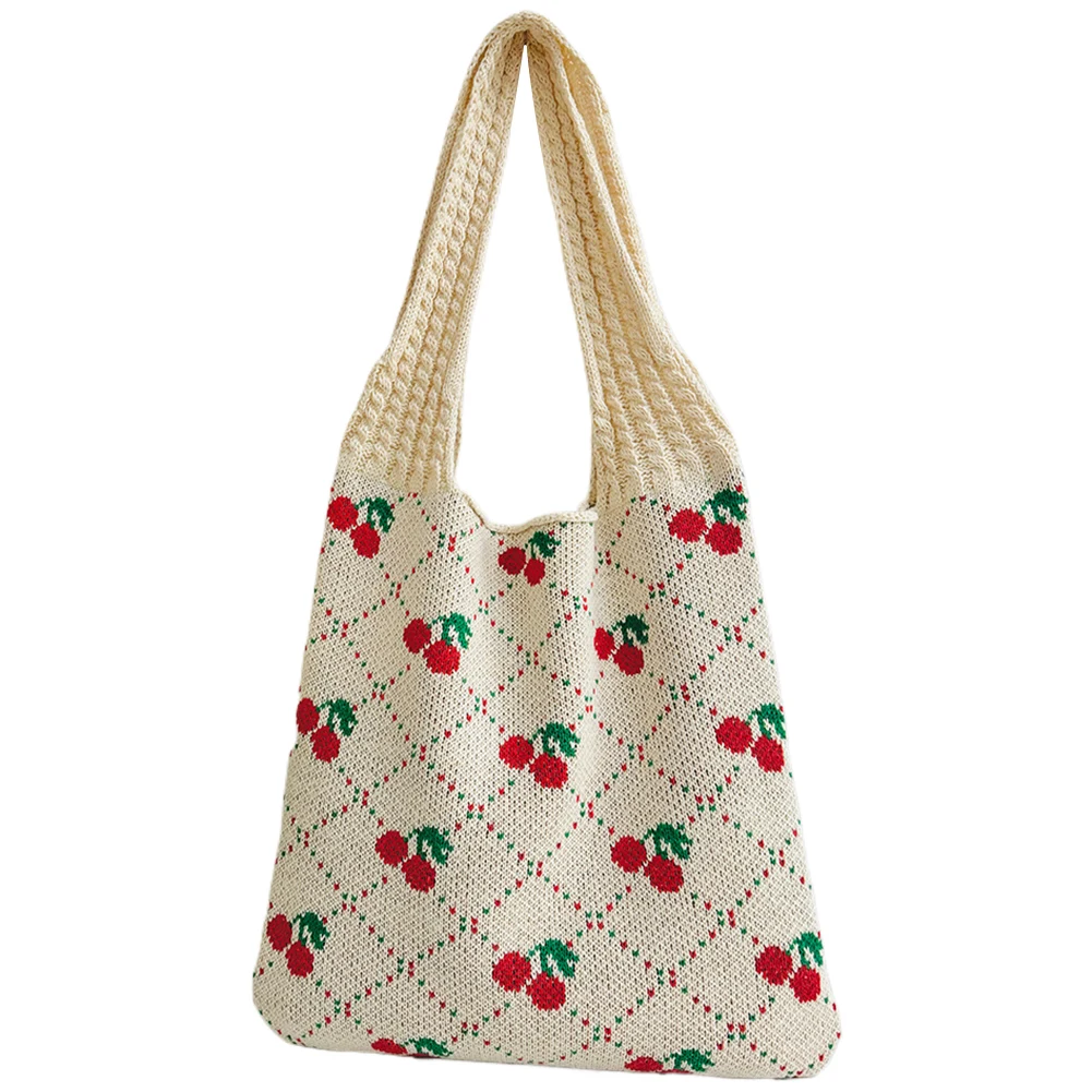 Women Crochet Tote Handbag Cherry Printed Knitting Shoulder Bag Contrast Color Travel Shopping Handbag Female Holiday Bag