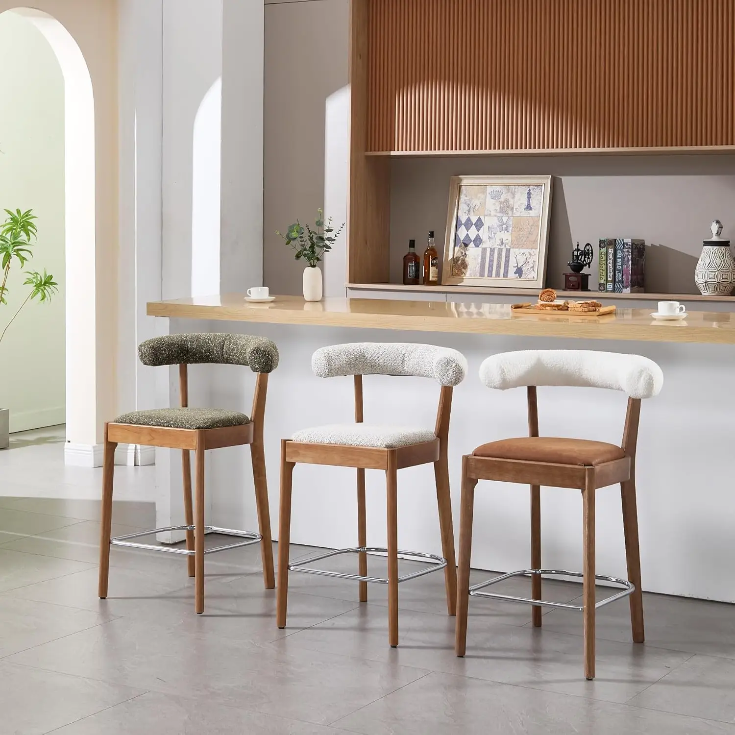 Counter Height Bar Stools Set Of 6 For Kitchen Island, 27"" Wooden Frame Stool Chair For Dining Space, Comfy Chenille Open Back