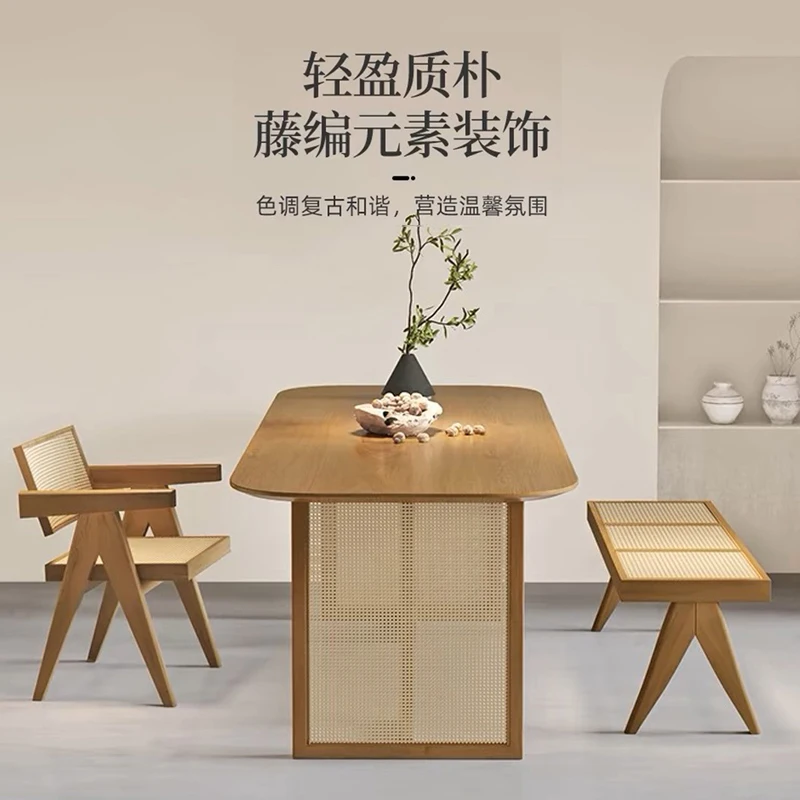 

Japanese-style wabi-sabi wind solid wood dining table rattan zen tea table log large board table and chair combination