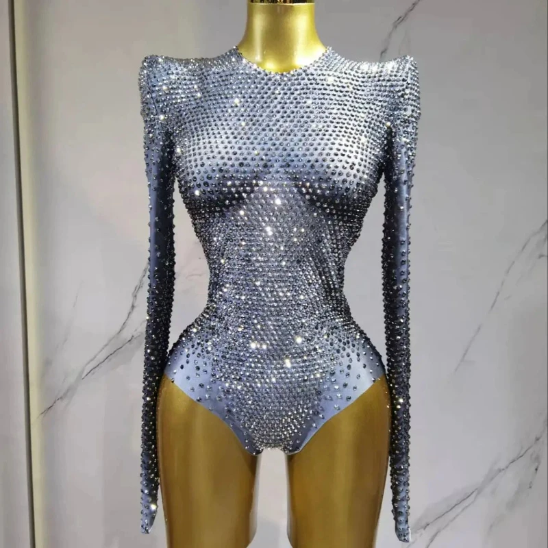 

New Sexy Modern Dance Silver Rhinestones Long Sleeve Bodysuits for Women Evening Luxury Party Nightclub Stage Costume Bodysuit