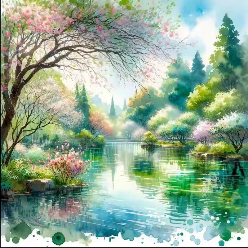 Malen nach Zahlen für Erwachsene, Frühlings-Kirschblüten-See, Zeichnen und Ausmalen nach Zahlen, handgemachte Acrylfarbe für Zuhause