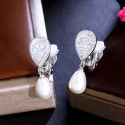 CWWZircons Elegant Design Shiny White Cubic Zircon Dangly Bridal Wedding Party Clip on Pearl Earrings No Piercing Hole CZ496