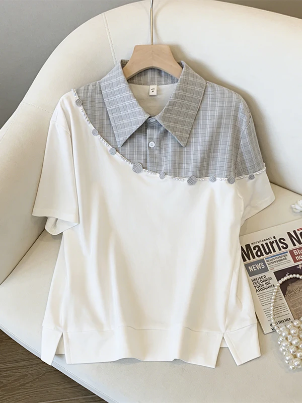 

plus Size Summer Slimming Shirt Short Sleeve Splice T-Shirt Loose Fake Two-Piece Shoulder Apparels Women's Fashion Korean Style