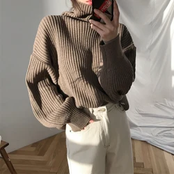 High Neck Short Knit Pullovers Women Thickening Fallwinter Korean Loose Long Sleeve Sweater Tops 4 Colors