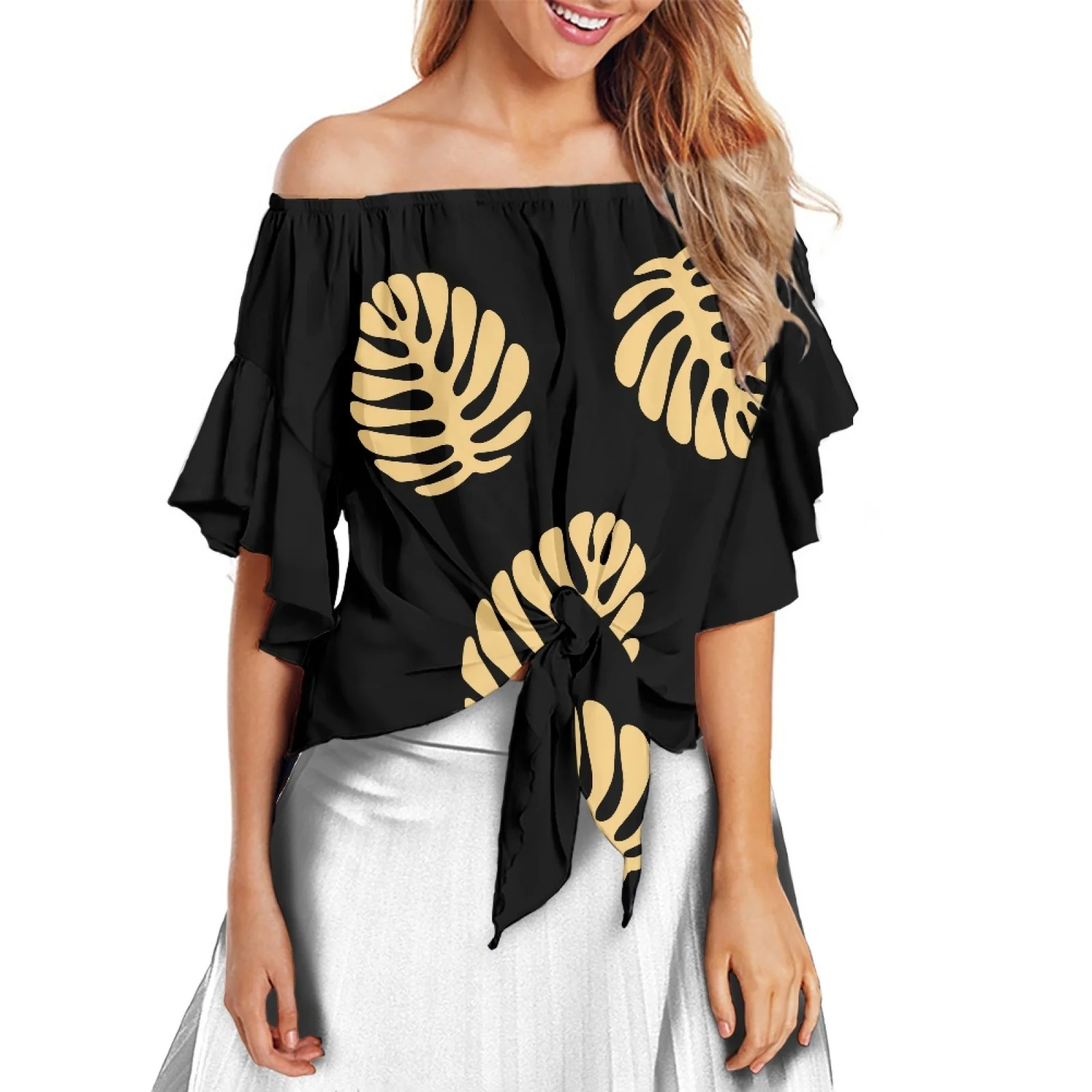 Black Elegant And Comfortable Chiffon Shirt With Bow Summer Lotus Sleeve Polynesian Tribal Print Tattoo Loose Shoulder Top