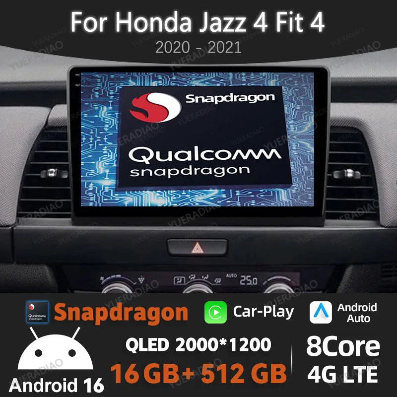 Android 16 Car Radio For Honda Jazz 4 Fit 4 2020 - 2021 GPS NAVI Multimedia Video Player 4G WIFI BT Head Unit QLED Qualcomm 2DIN