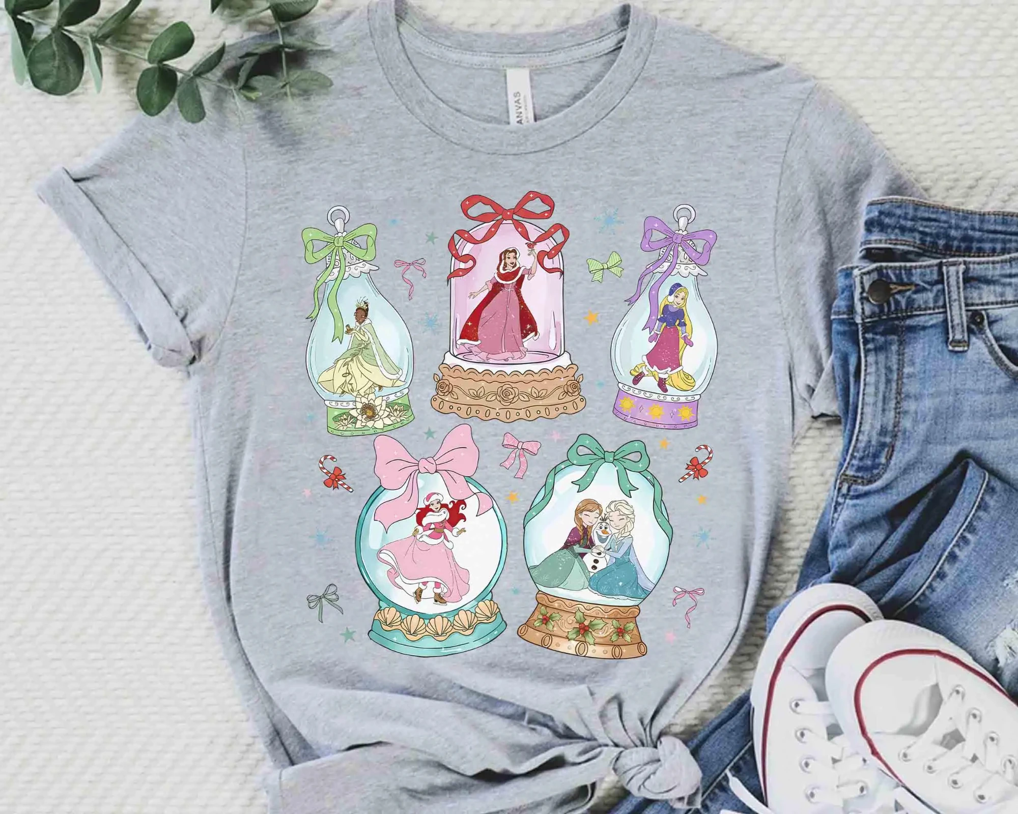 قميص عيد الميلاد لأميرات ديزني غلوب، تي شيرت ديزني بيل أرييل تيانا إلسا رابونزيل الخفيف لعيد الميلاد، قميص هدية للسفر للفتيات #6