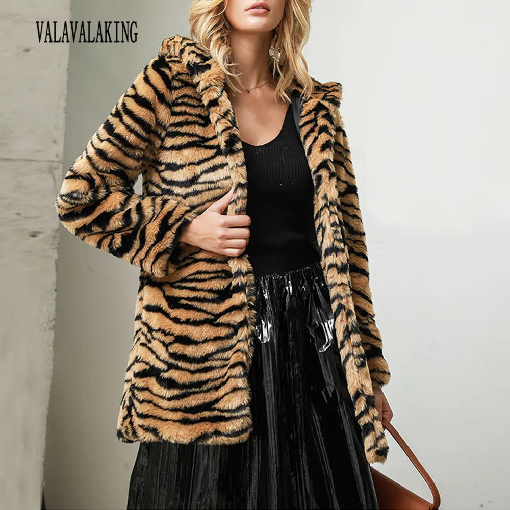 2025 Winter Plus Size Tiger Faux Fur Long Coat Women Hooded Long Sleeve Fluffy Cardigan Jacket Ladies Thick Warm Furry Outwear