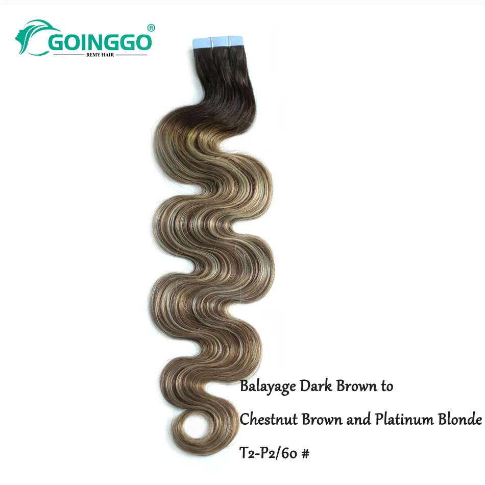 T2 6/60 Body Wave Remy Tape In Human Hair Extensions Balayage Dark Brown To Chestnut Brown And Platinum Blonde 20Pcs 12-26Inch