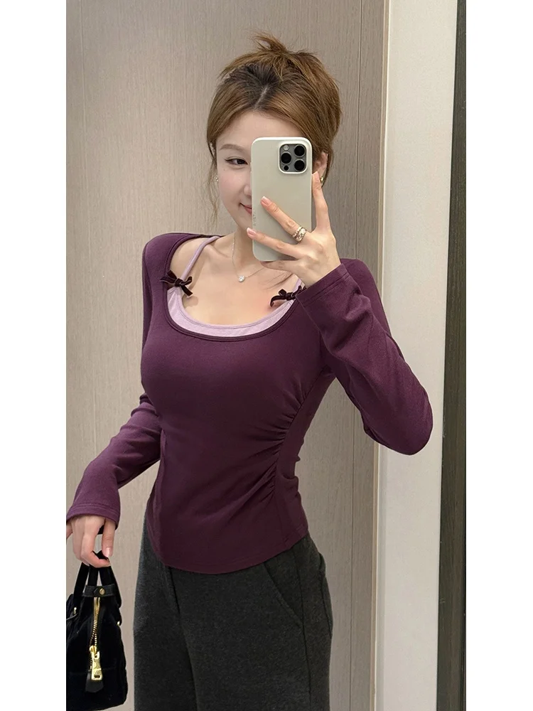

Velvet Heart Knot Faux Two-Piece Warmth Loing Fce Lined Original Design Women's Knitted Sweater Casual Sle Long Sve...