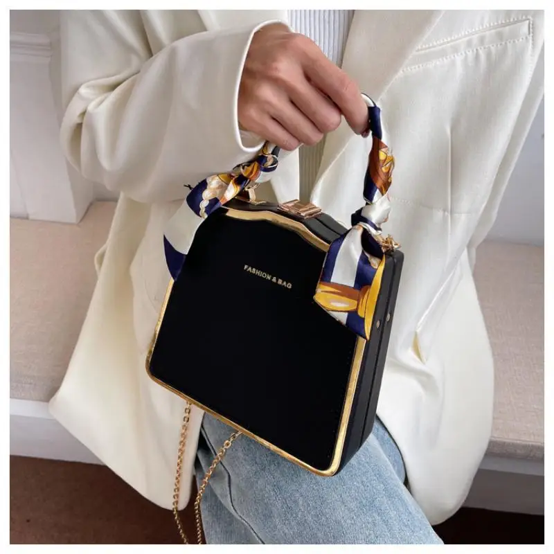 Box Bag with Scarf Handle Vintage Square Totes Pu Leather Handbag And Purse For Women New Fashion Brand Shoulder Crossbody Bag