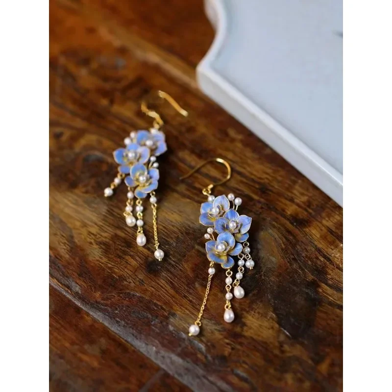 Elegant Gilt Filigree Imitation Dot Emerald Burnt Blue Inlaid Pearl Butterfly Orchid Tassel Earrings Hanfu Cheongsam Accessories