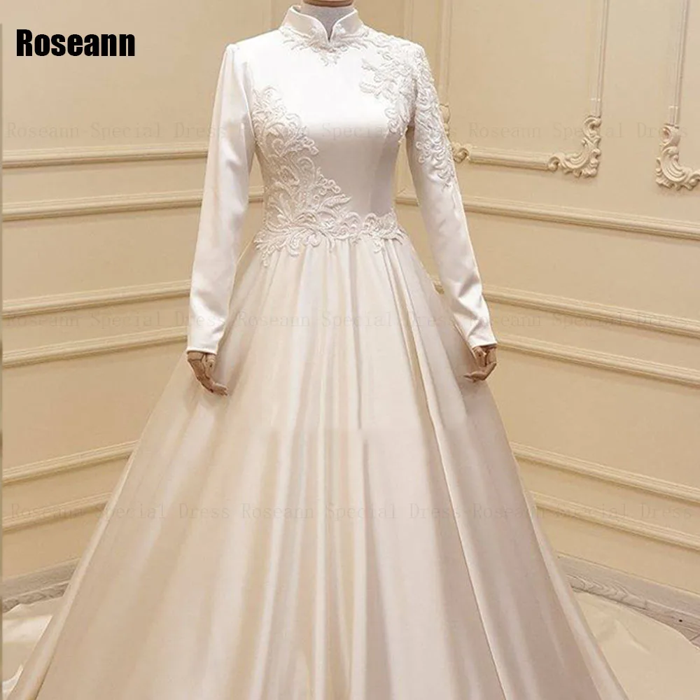 Muslimische hohe Kragen A-Linie Brautkleider voller Satin Applikation drapierte Falte boden lange Brautkleid Pinsel Zug Robe de Mariée