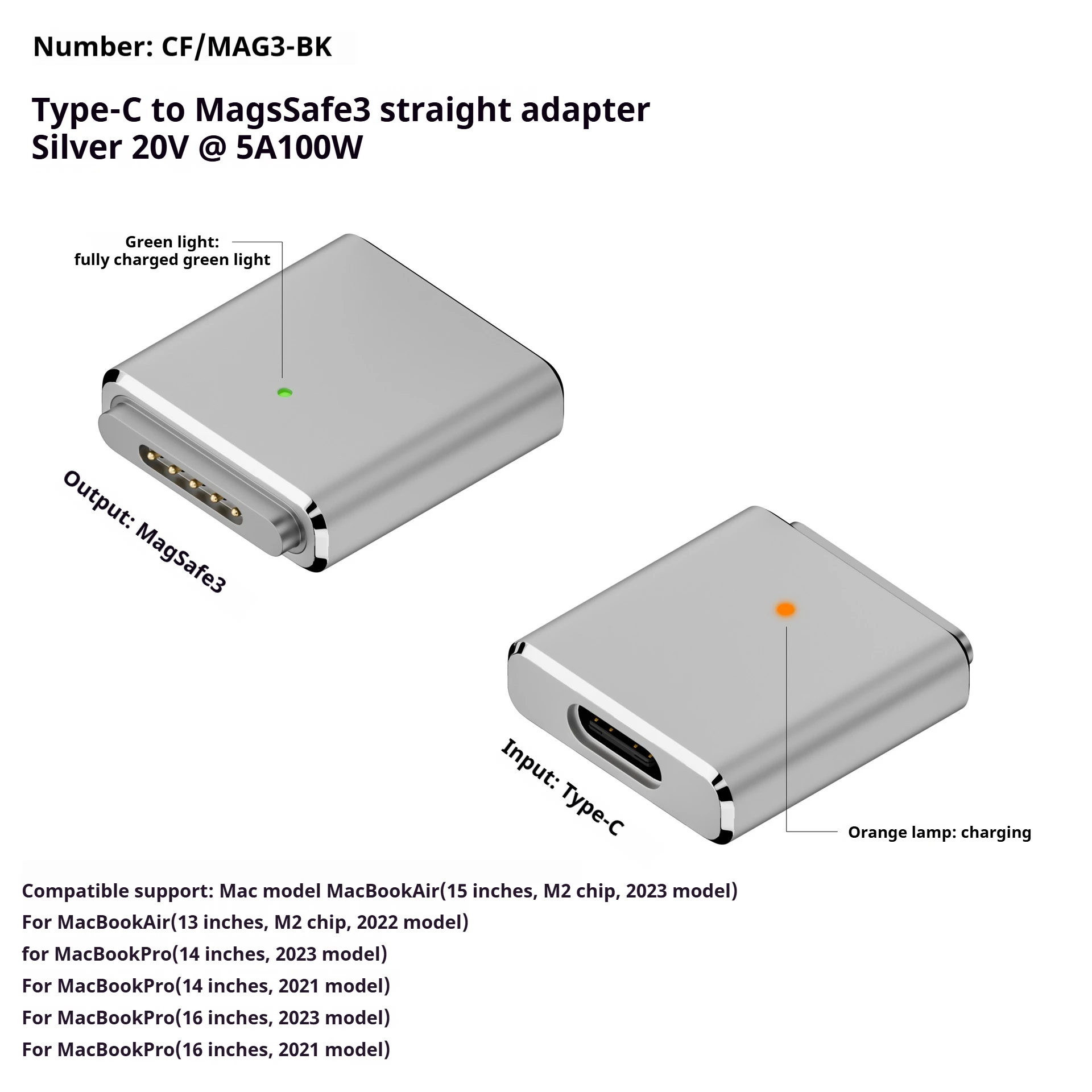 100W USB Type C Magnetic PD Adapter For Magsafe 3 w/LED Indicator PD3.1 Fast Charging Converter 5A 20V MacBook Pro/Air 2021-2023