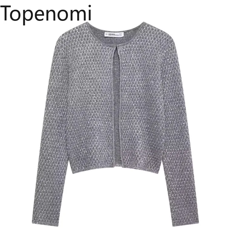 Topenomi Pailletten Metallic Linie Strickjacke Frauen 2025, Frühling O Hals Schlank Kurze Pullover Mantel Elegante Mode Langarm Top