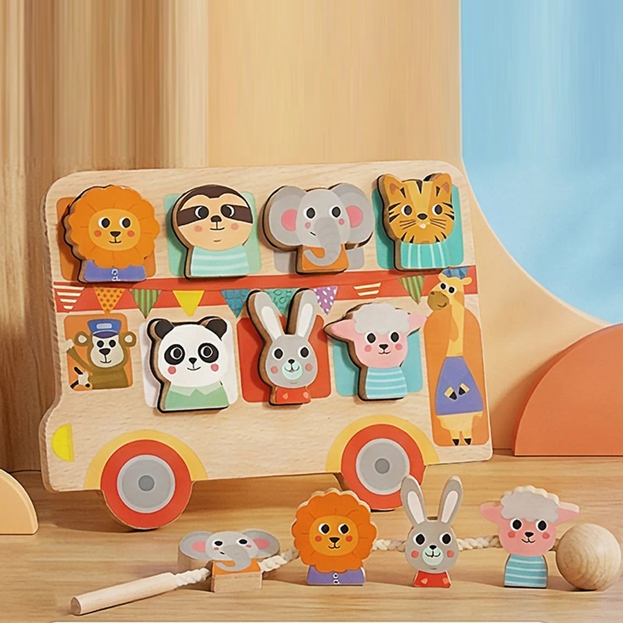 

Montessori 2-in-1 Wooden Animal Bus Puzzle & Threading Beads Toy for Toddlers Fine Motor Skills Educational Learning Toy Gift