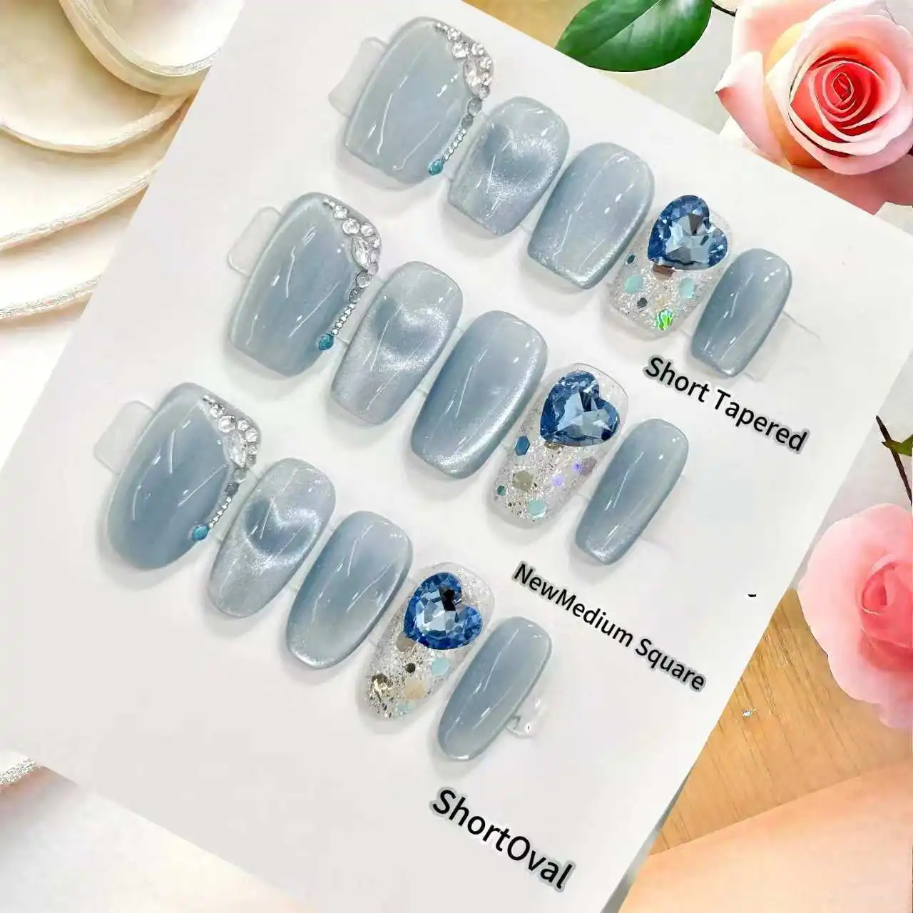 10PCS “Glacier Love” — Heart Cat Eye, Short Transparent White-Brightening Handmade Press-On Nails With 4-PIECE Tools  Nail  Tabs