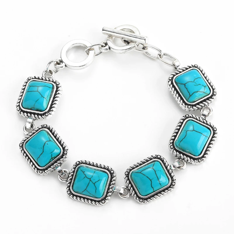 خمر مجوهرات مربع الفيروز سوار ريترو ستايل فضي اللون سحر الإسورة للمرأة بوهيميا الفاخرة صديقة هدية 2025 #5