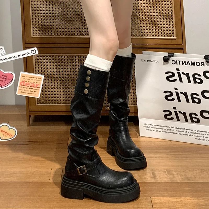 Black retro British style thick soled boots for women 2025 new spring and autumn season knight