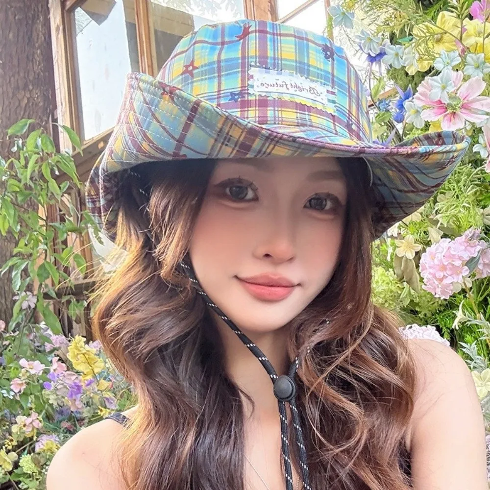 Fashion Sun-protective Fisherman Cap Breathable Big Brim Sun Hat Check Pattern Versatile Bucket Hat for Women