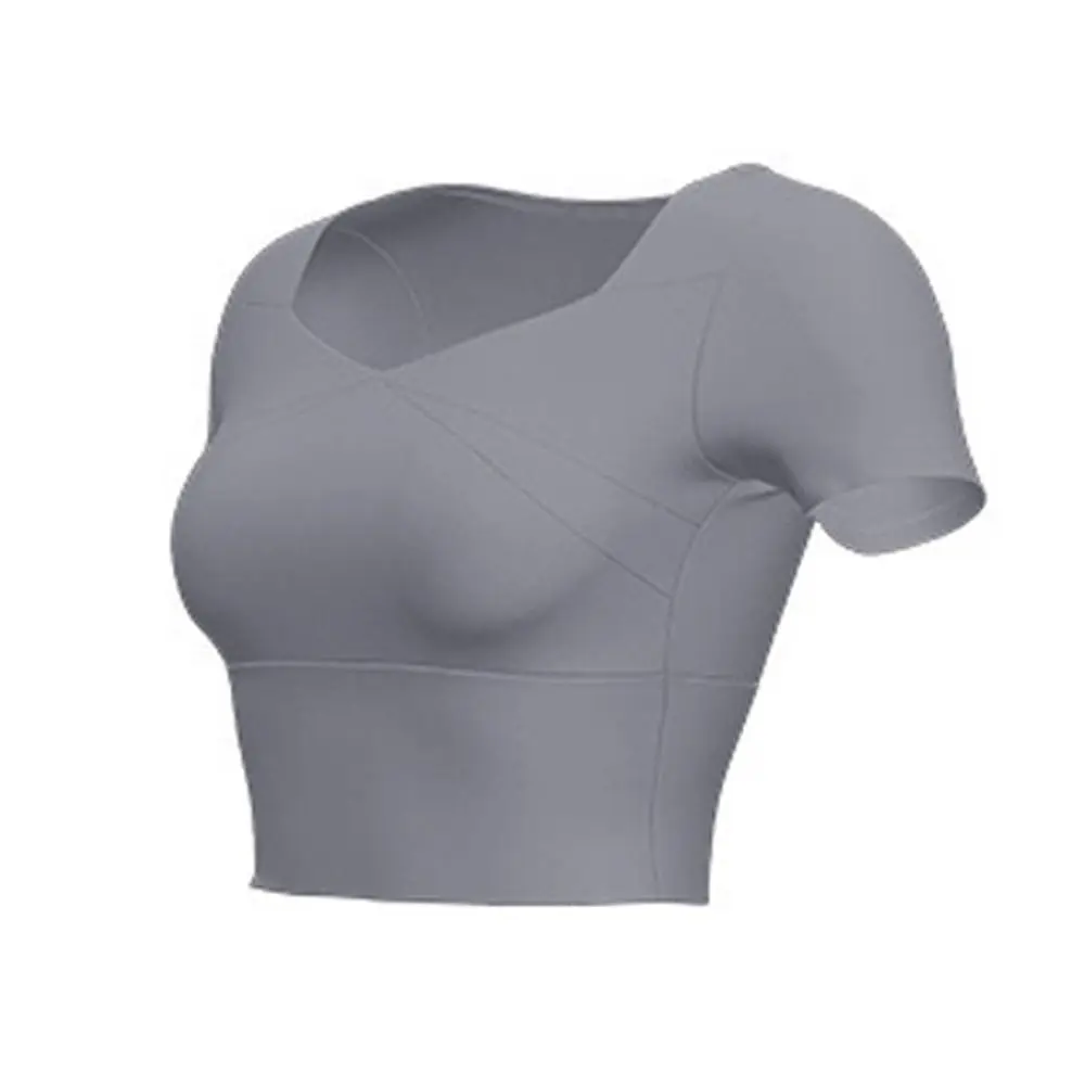 Workout Top Short Sleeved Yoga Tops T Shirt with Chest Pad Yoga Sports Bra Breathable Slim Fit Yoga Clothes Yoga Wear