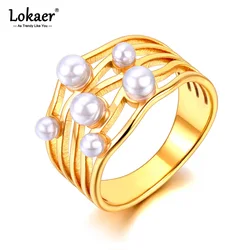 Lokaer Stainless Steel Trendy Simulated Pearl Ring For Women Gold Plated Wedding Engagement Waterproof Jewelry anillos R23086