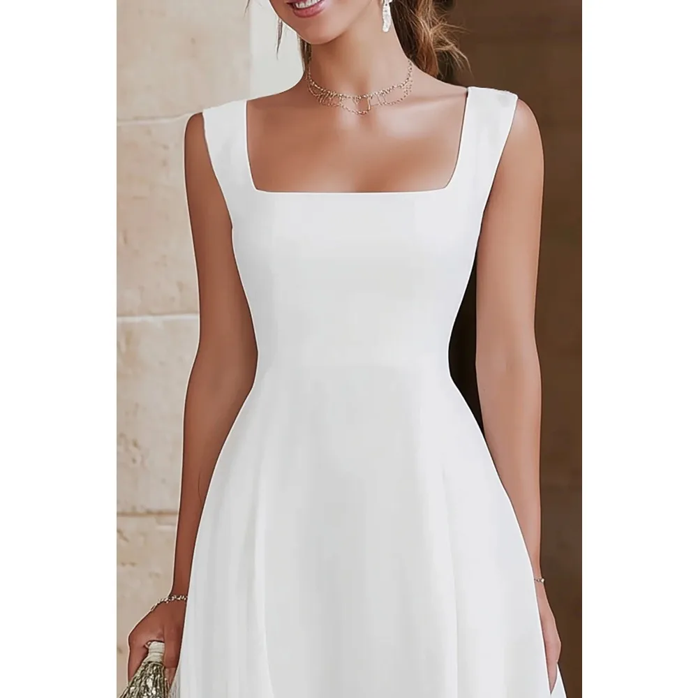 Customized Crepe Wedding Dresses For Bride Square Collar High Quality Ruffles White Bridal Cheap A-line for Knee-Length Simple