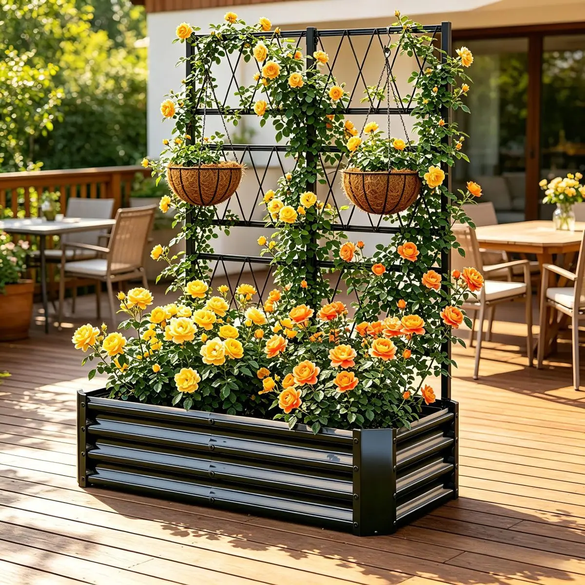 4x2x1FT Galvanized Raised Garden Bed with Arch Trellis for Climbing Vegetables Tomato Cucumber Bean, Heavy Duty Metal Raised Garden Bed Outdoor, Black