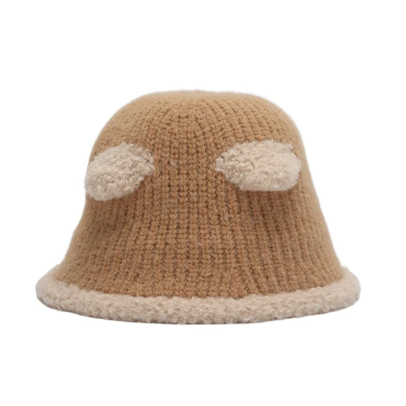 

Women Bucket Hat Knitted Plush Bear Ears Cartoon Cute Thickened Warm Ear Protection Winter Fisherman Cap Female Outdoor Casual