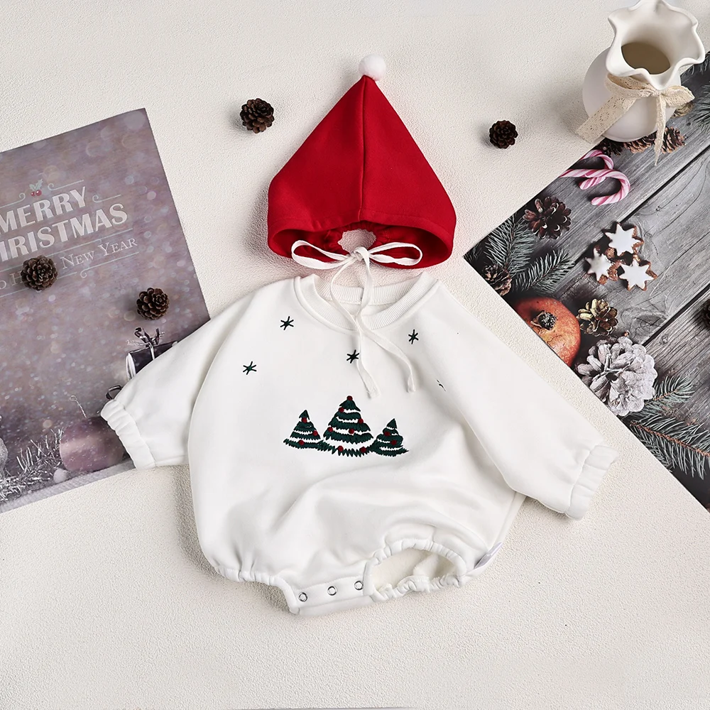 MILANCEL Christams Clothes Fur Lining Infant Boys Bodysuits Christmas Tree Embroidery Toddler One Piece With Hat