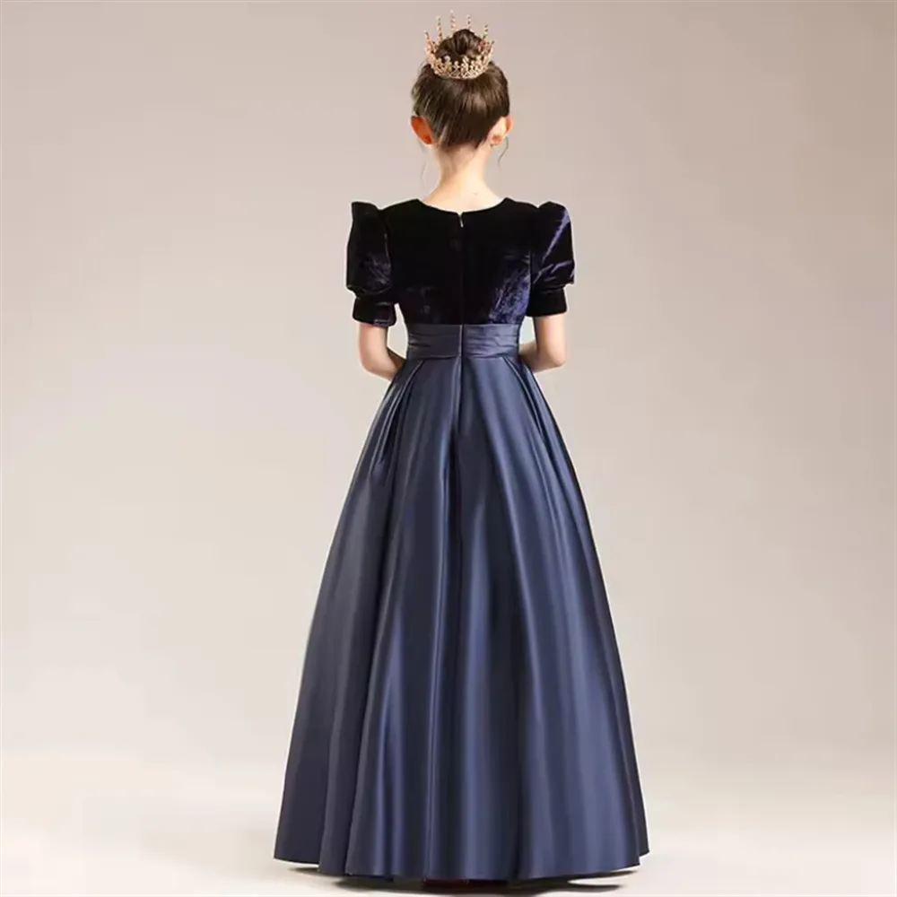 Robe élégante pour demoiselle d'honneur, en velours et satin, avec ceinture, pour enfants, robe de princesse pour fête d'anniversaire, robe de communion, personnalisée