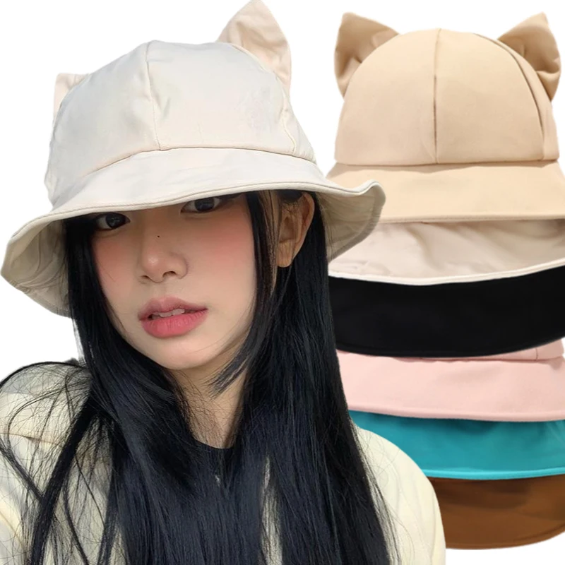 

2024 Cartoon Solid Color Cotton Bucket Hat Cute Sweet Cat Ear UV Protection Beach Hat Fisherman Hat Sun Cap Kids Outdoor Travel