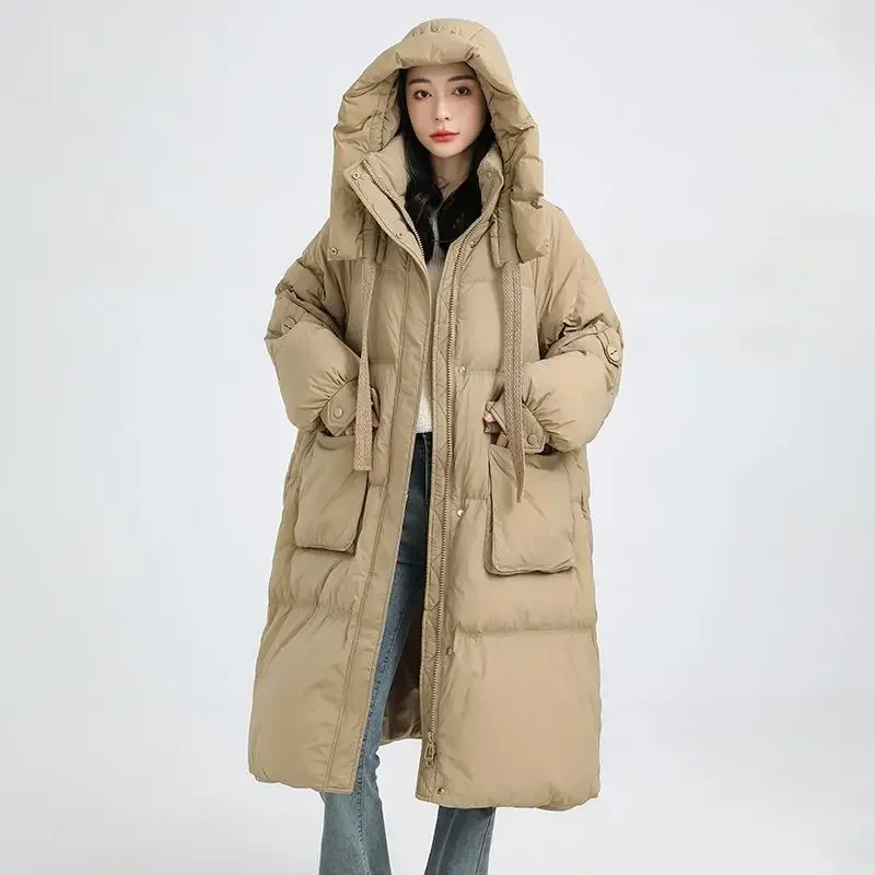Veste doudoune ample à capuche en duvet de canard blanc pour femme, nouvelle collection hiver 2025