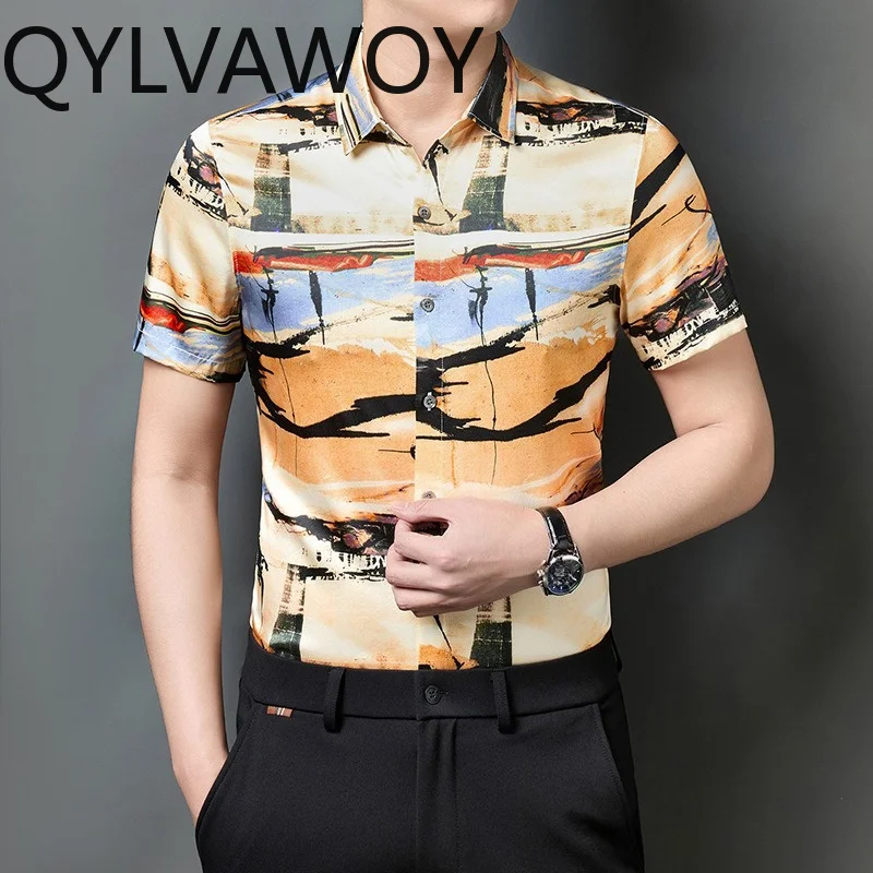 QYLVAWOY High-end Men's Shirts 90% Mulberry Silk Hawaiian Shirts Man Short Sleeve Tops Cool Summer Shirts for Man Printed 고퀄 셔츠